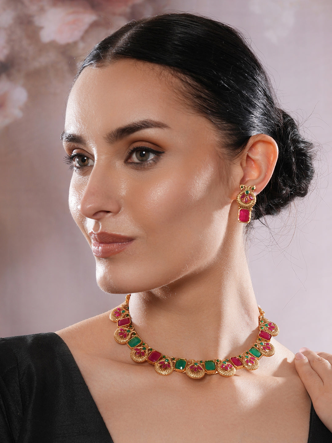 Jazz And Sizzle Gold-Plated Red & Green Stone Studded- Peacock Necklace Set