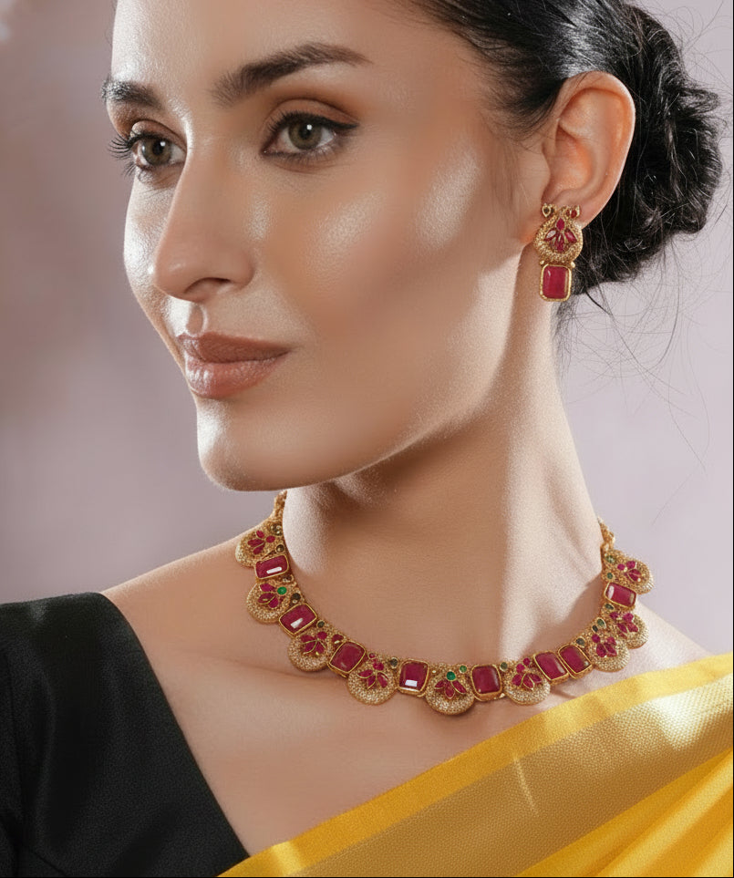 Jazz And Sizzle Gold-Plated Ruby Red Stone Studded- Peacock Necklace Set