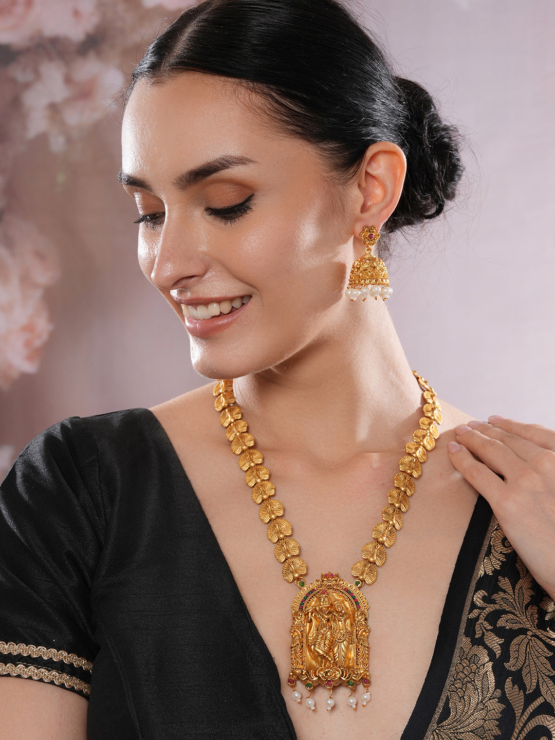Jazz And Sizzle 22K Gold Plated Golden Beads & Pearl Drops Radha Krishna Temple Jewellery Set