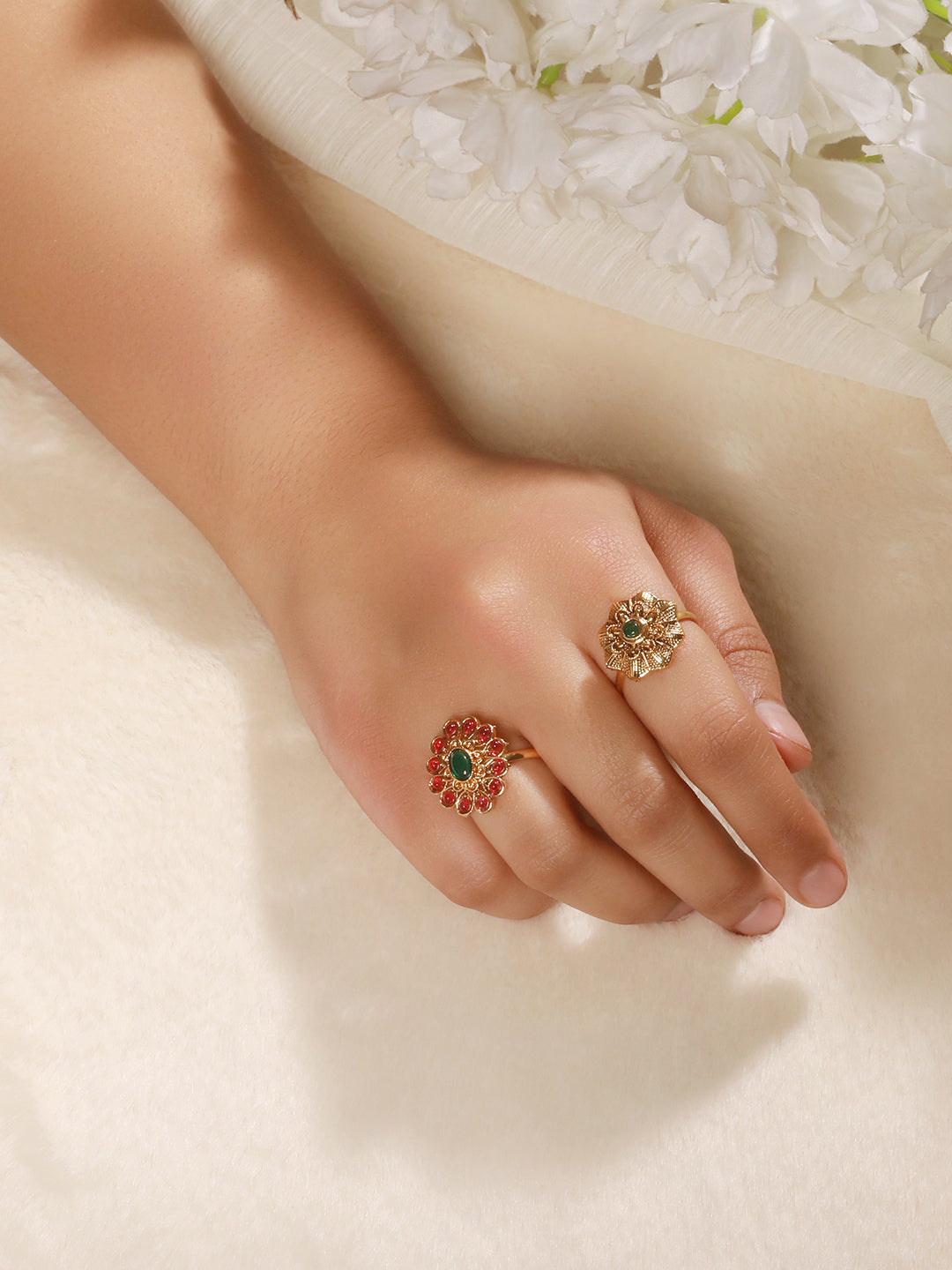 Set Of 2 Gold-Plated Red & Green Stone Studded Rings