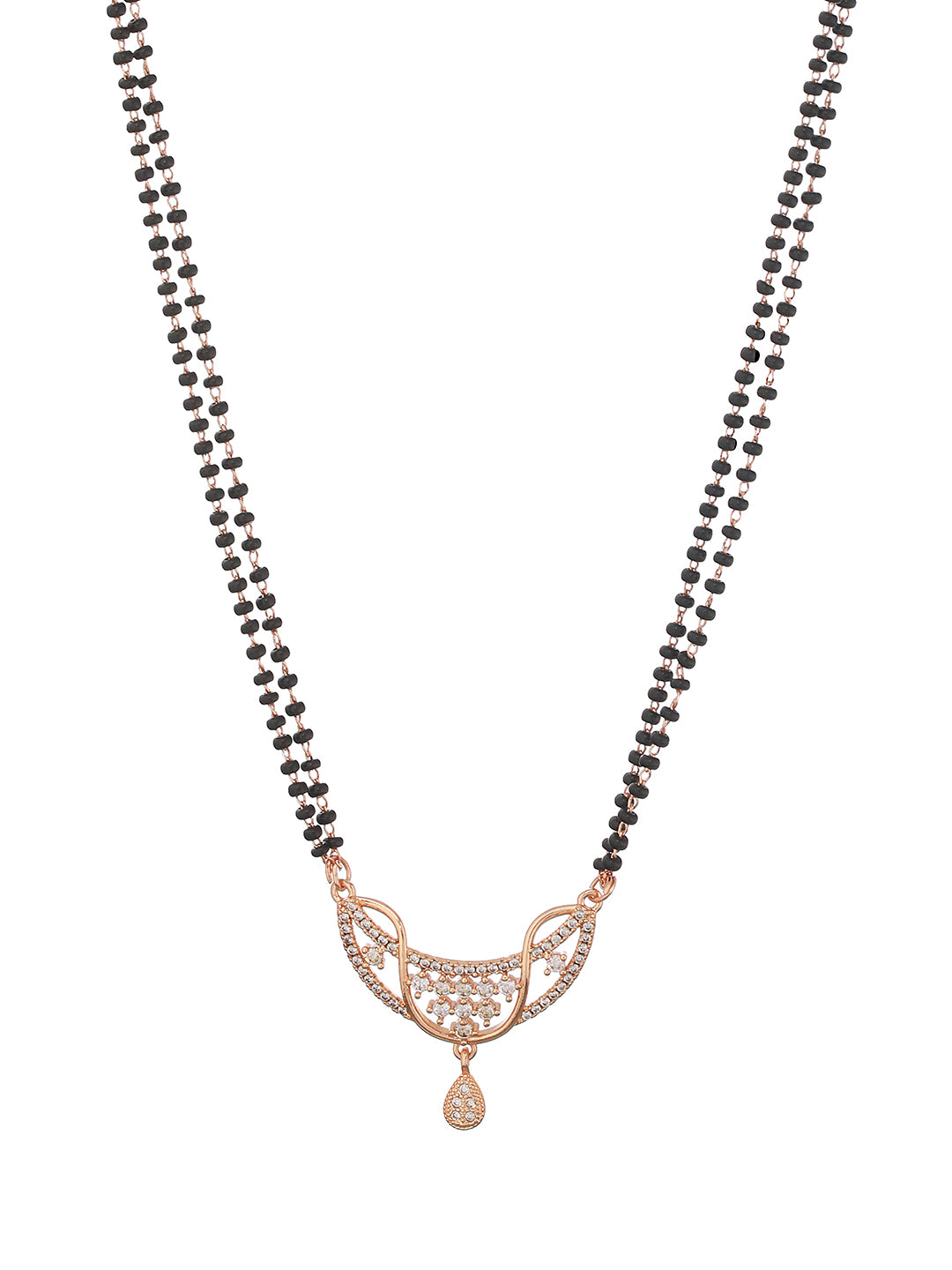 Gold-Plated Black Beaded & White AD Stone-Studded Floral Shaped Mangalsutra - Jazzandsizzle