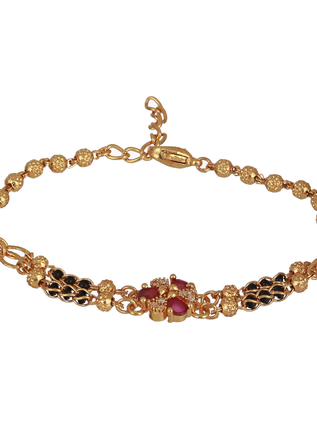 Gold-Plated Red & White AD Studded & Black Beaded Floral Hand Mangalsutra