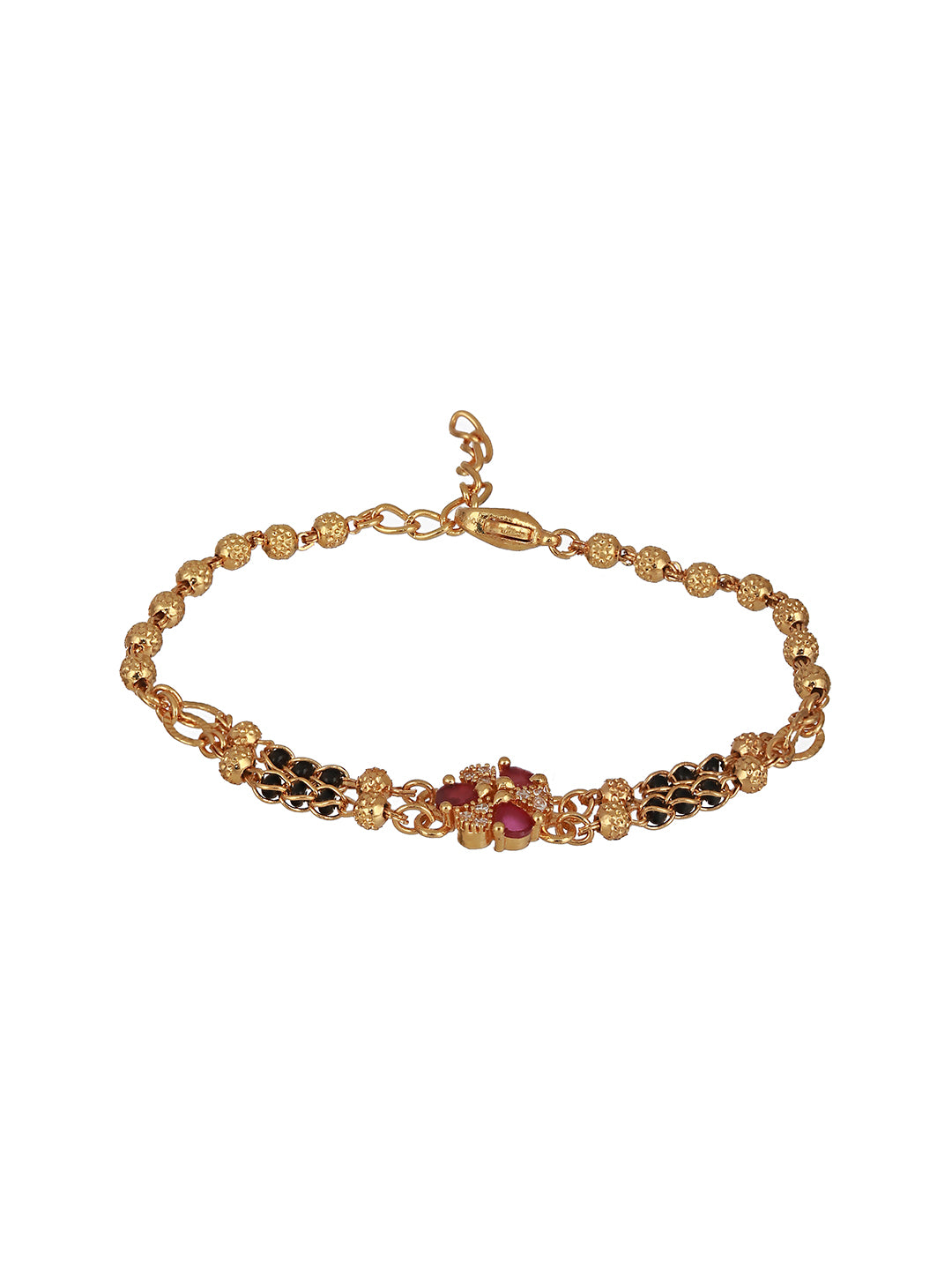 Gold-Plated Red & White AD Studded & Black Beaded Floral Hand Mangalsutra