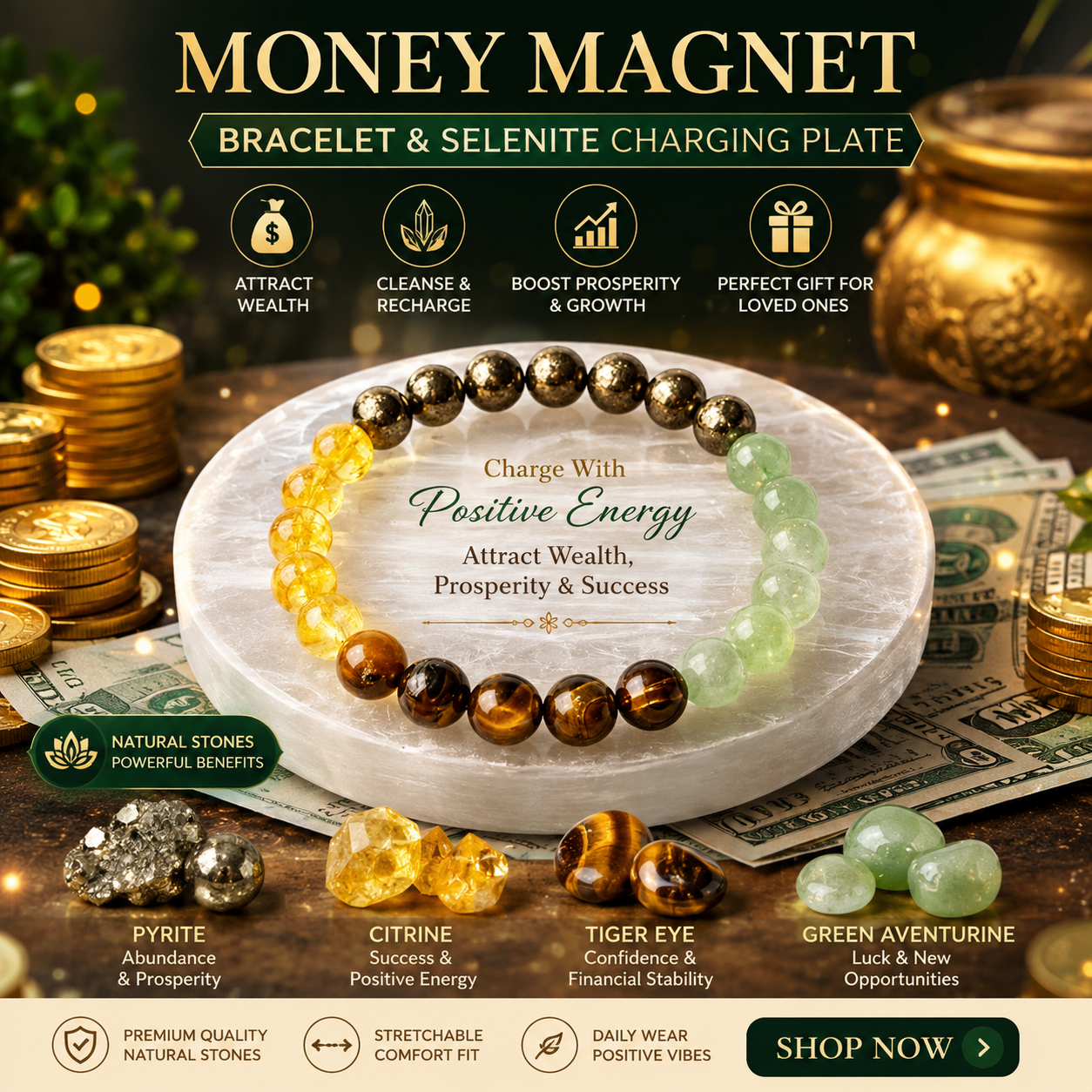 Money Magnet Bracelet with Pyrite, Tiger Eye, Citrine & Green Aventurine Style Beads-JS-BR-024