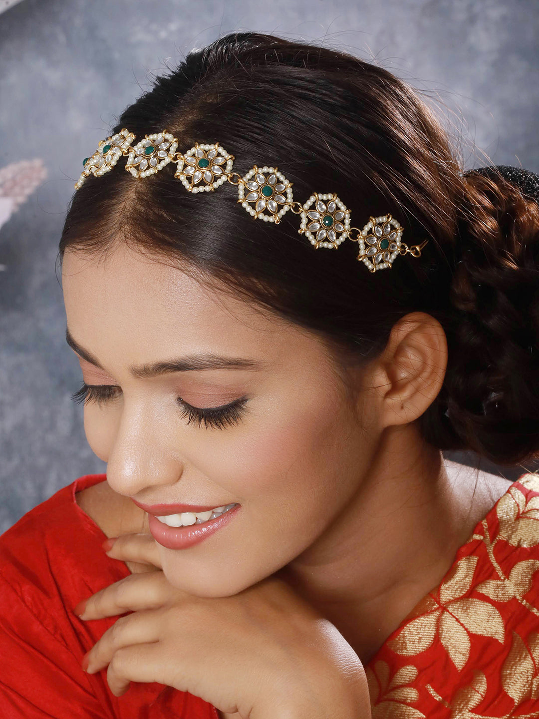 Gold-Plated Green Kundan & Pearl Studded Sheeshphool Mathapatti - Jazzandsizzle