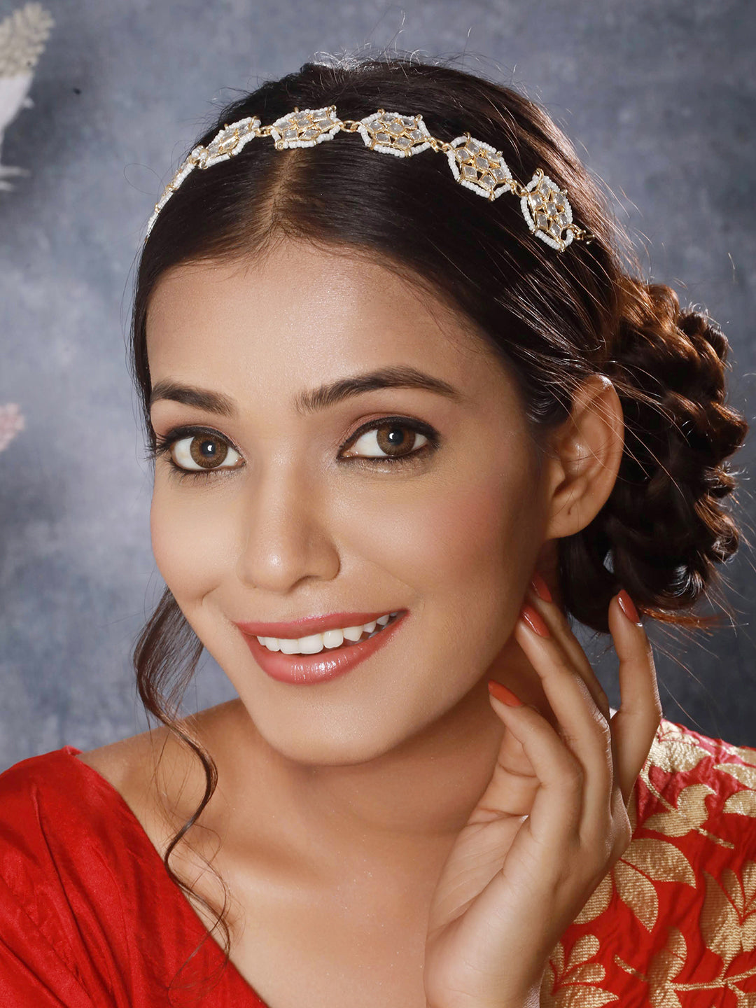 Gold-Plated White Kundan & Pearl Studded Sheeshphool Mathapatti - Jazzandsizzle