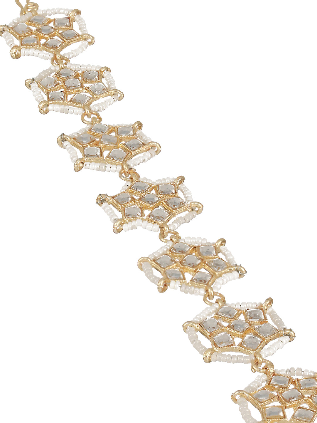 Gold-Plated White Kundan & Pearl Studded Sheeshphool Mathapatti - Jazzandsizzle