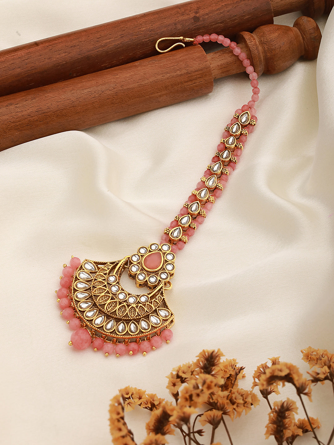 Gold-Plated Pink & White Kundan Studded & Pink Pearl Drop Embellished Maang Tikka - Jazzandsizzle