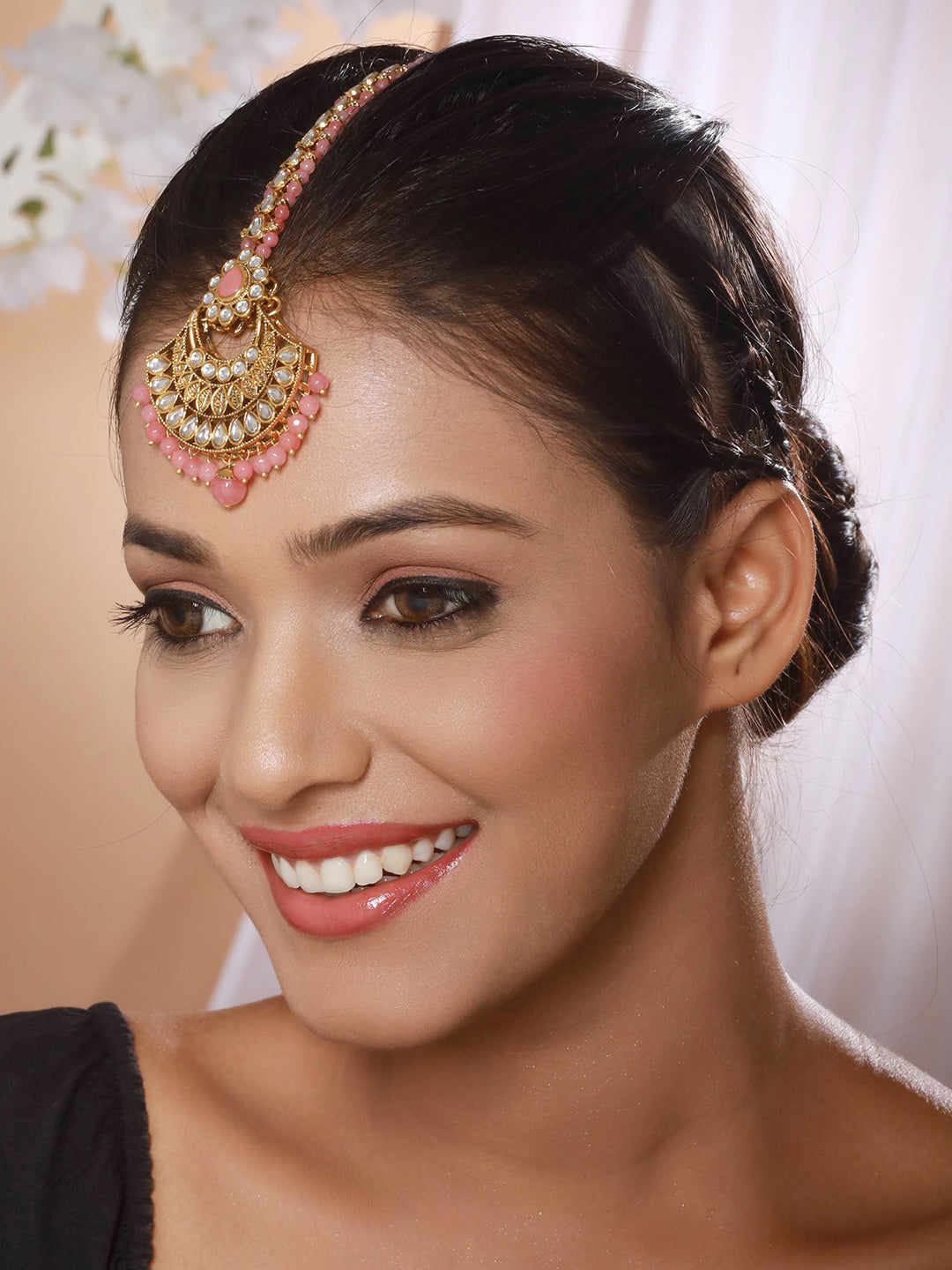 Gold-Plated Pink & White Kundan Studded & Pink Pearl Drop Embellished Maang Tikka - Jazzandsizzle