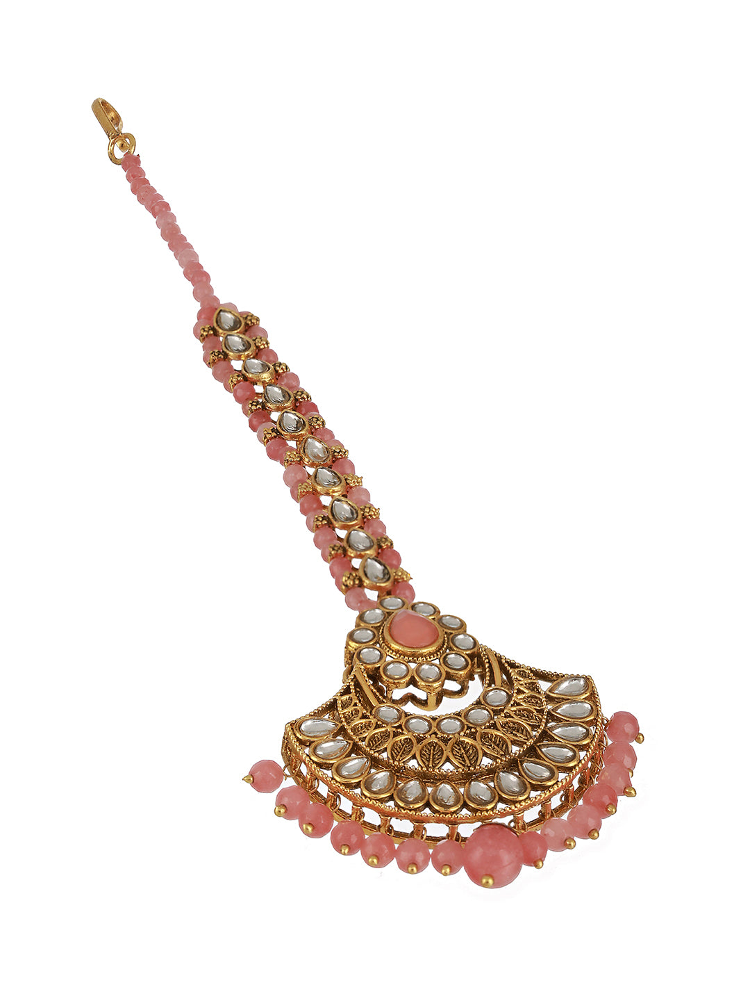 Gold-Plated Pink & White Kundan Studded & Pink Pearl Drop Embellished Maang Tikka