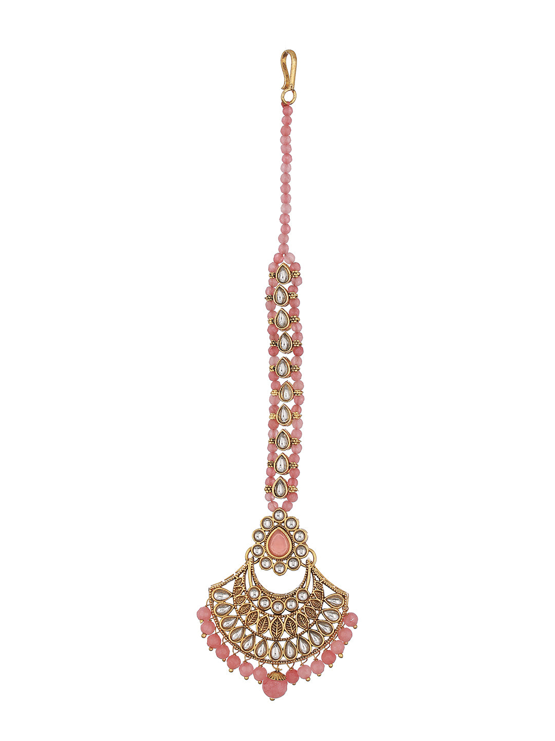 Gold-Plated Pink & White Kundan Studded & Pink Pearl Drop Embellished Maang Tikka - Jazzandsizzle