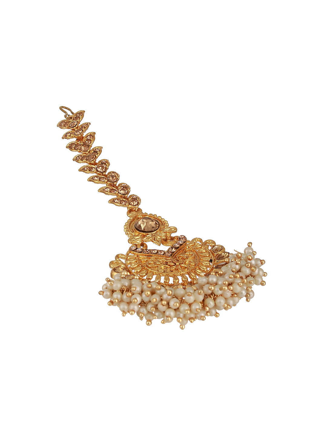 Gold-Plated White Kundan Studded & Pearl Beaded Maang Tikka - Jazzandsizzle