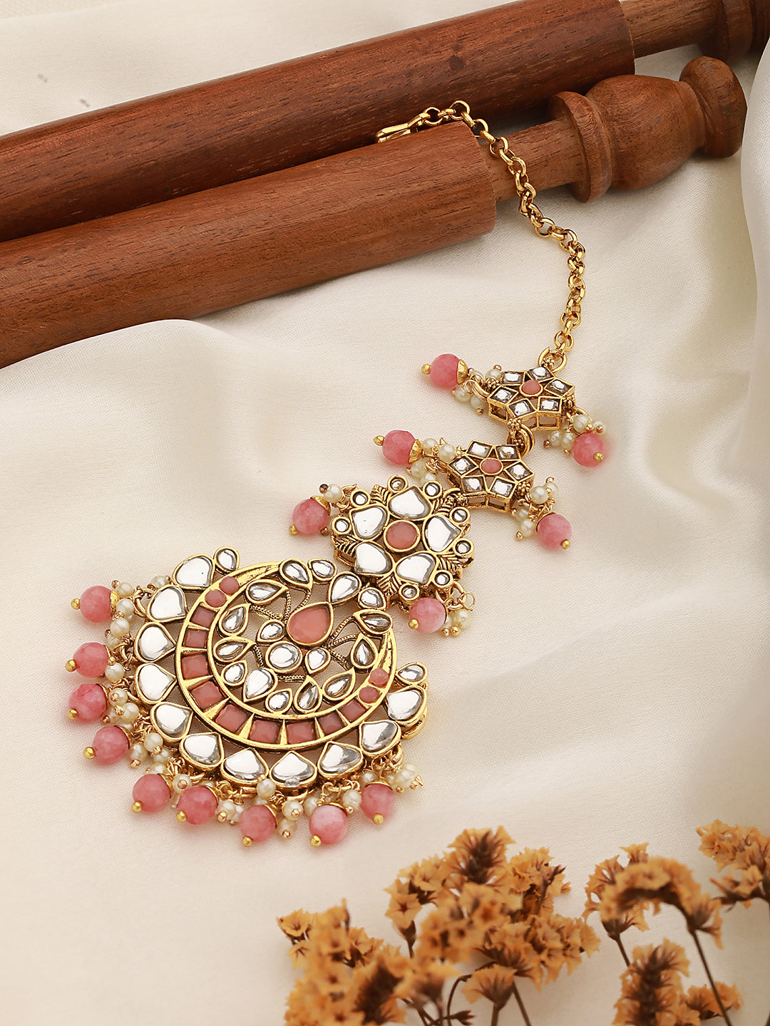 Gold-Plated Pink & White Kundan-Studded Pearl Beaded Maang Tikka - Jazzandsizzle