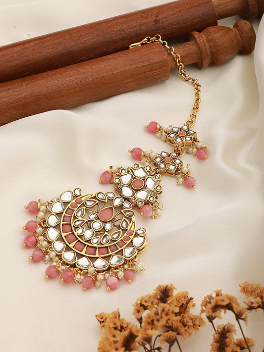 Gold-Plated Pink & White Kundan-Studded Pearl Beaded Maang Tikka - Jazzandsizzle