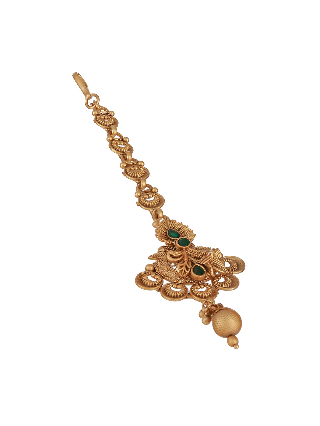 Gold-Plated Green Stone Studded Handcrafted Temple Maang Tikka