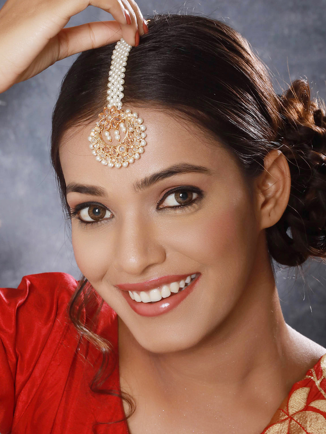 Gold-Plated Reverse AD Studded & Pearl Beaded Maang Tikka - Jazzandsizzle