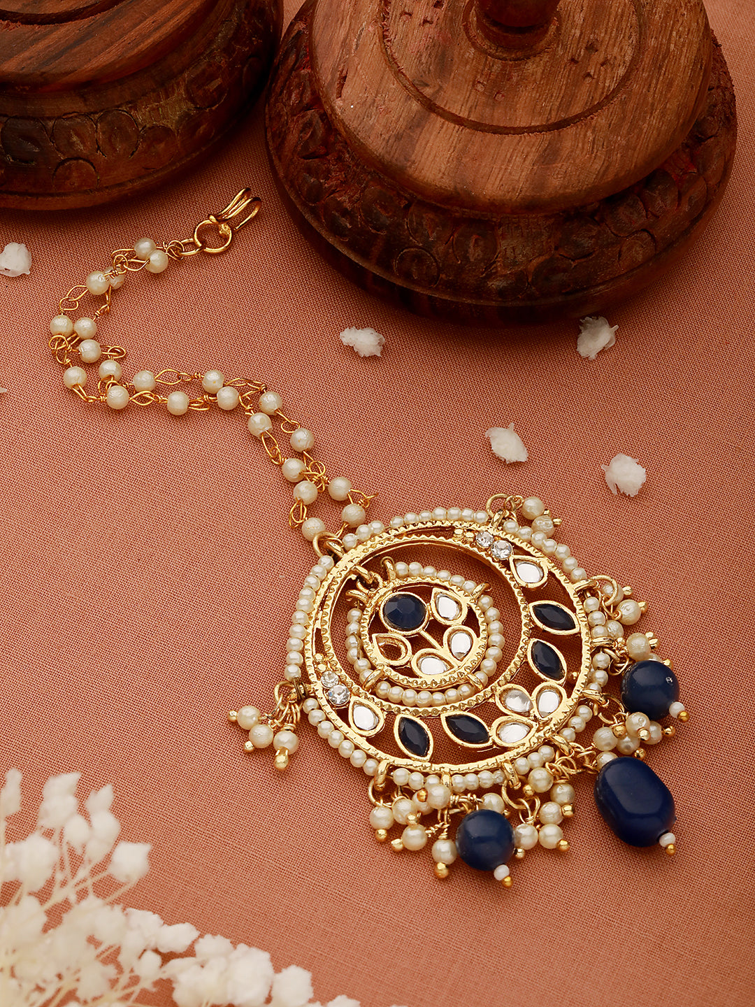 Gold-Plated Blue & White Kundan-Studded Pearls Beaded Maangtika - Jazzandsizzle