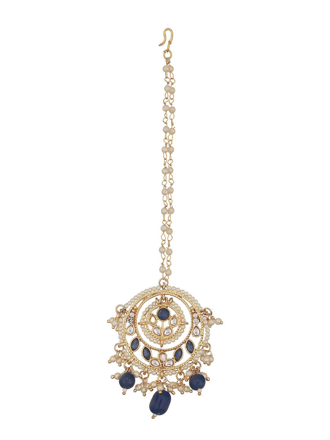 Gold-Plated Blue & White Kundan-Studded Pearls Beaded Maangtika - Jazzandsizzle