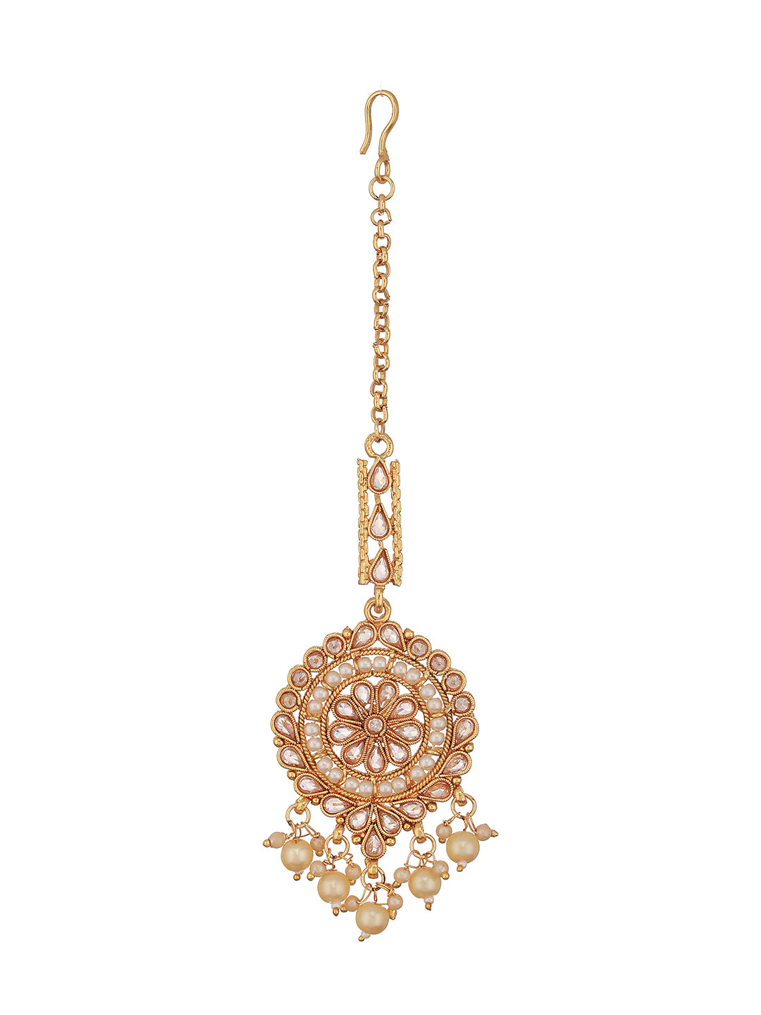 Gold-Plated Reverse AD Studded & Pearl Embellished Maang Tikka - Jazzandsizzle