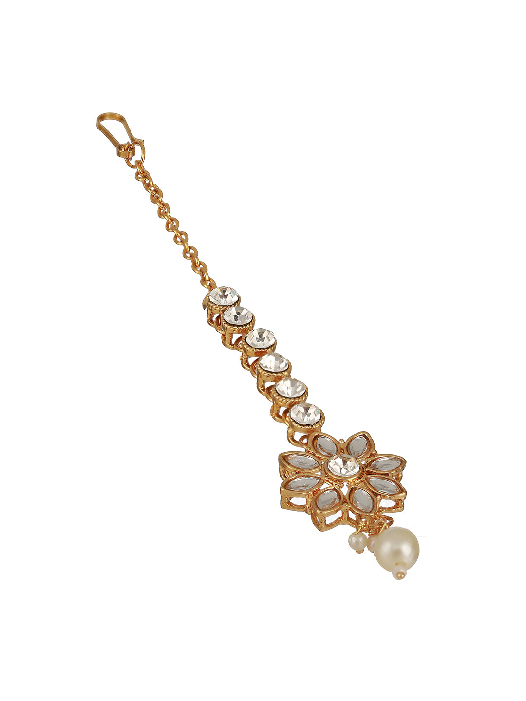 Gold-Plated White Kundan Stone-Studded & Pearl Drop Maang Tikka - Jazzandsizzle