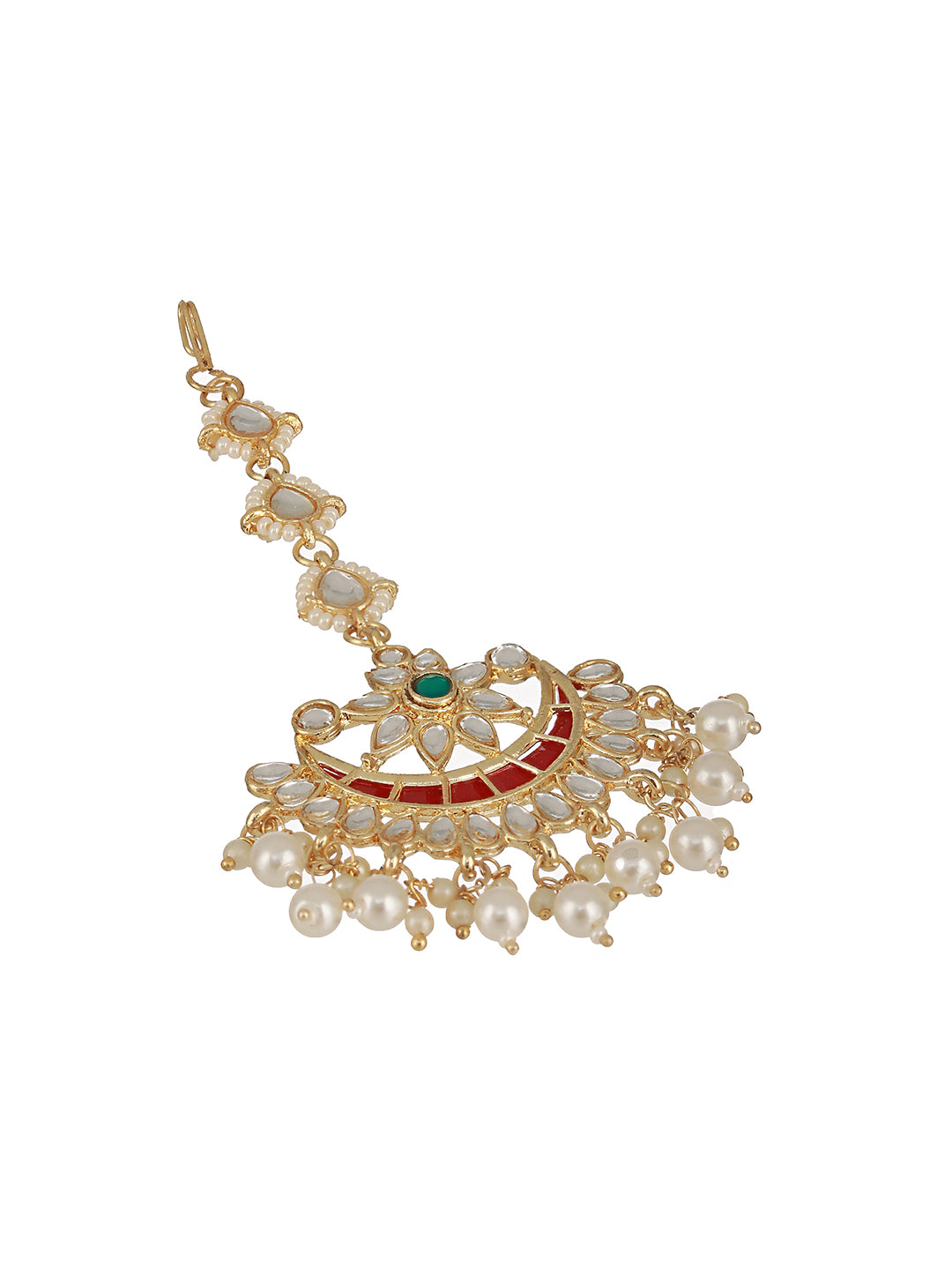 Gold-Plated Green & White Kundan Studded Pearls Handcrafted Maang Tikka - Jazzandsizzle