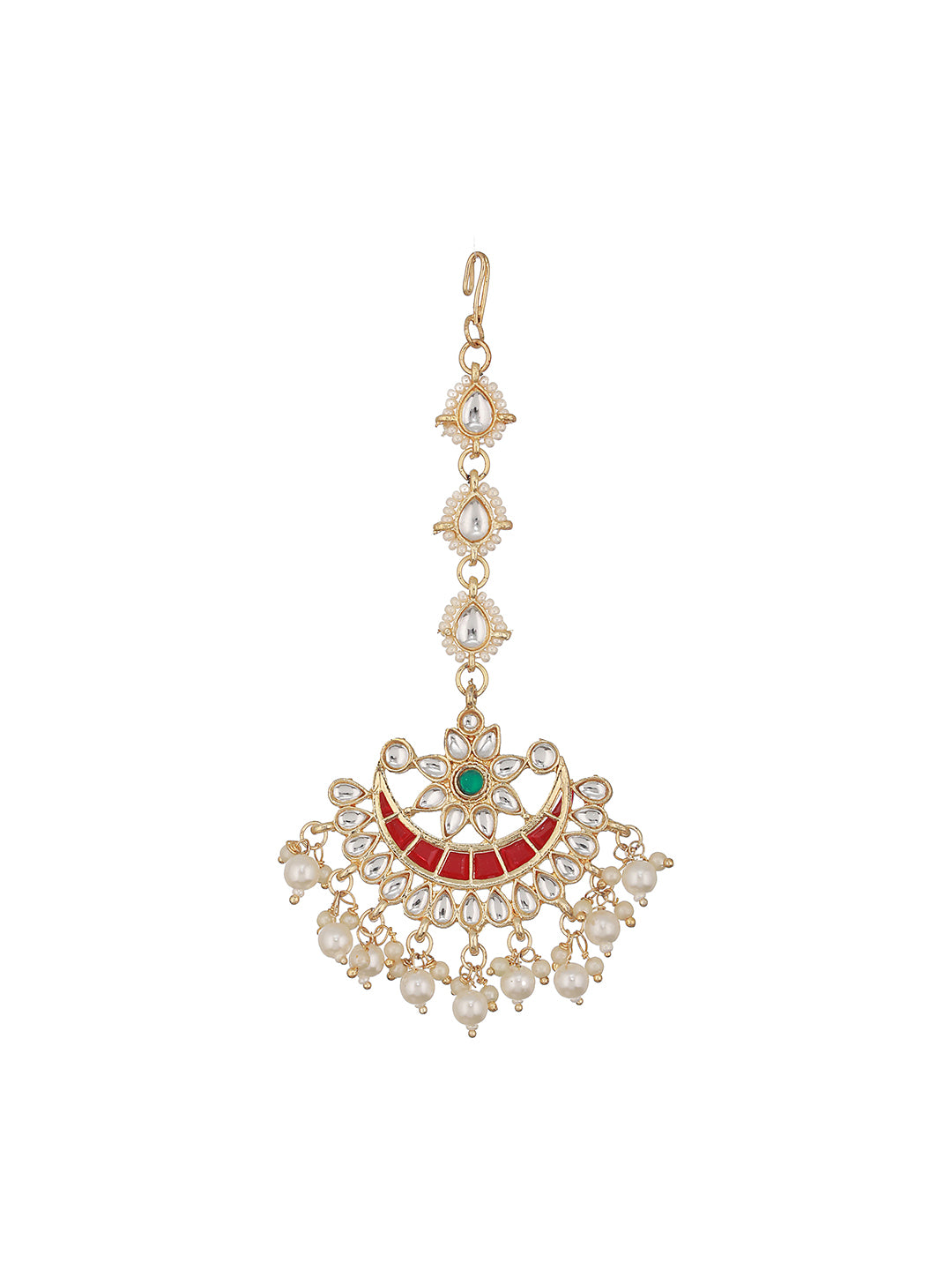 Gold-Plated Green & White Kundan Studded Pearls Handcrafted Maang Tikka - Jazzandsizzle