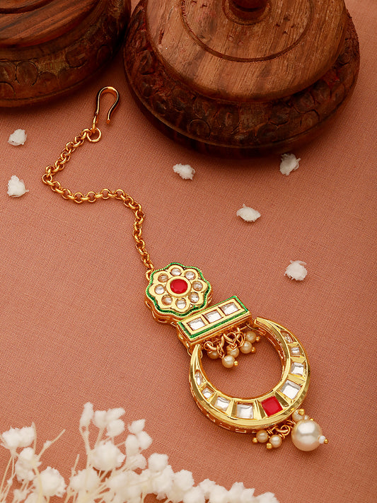 24K Gold-Plated Red & White Kundan & Green Meenakari Maangtikka - Jazzandsizzle