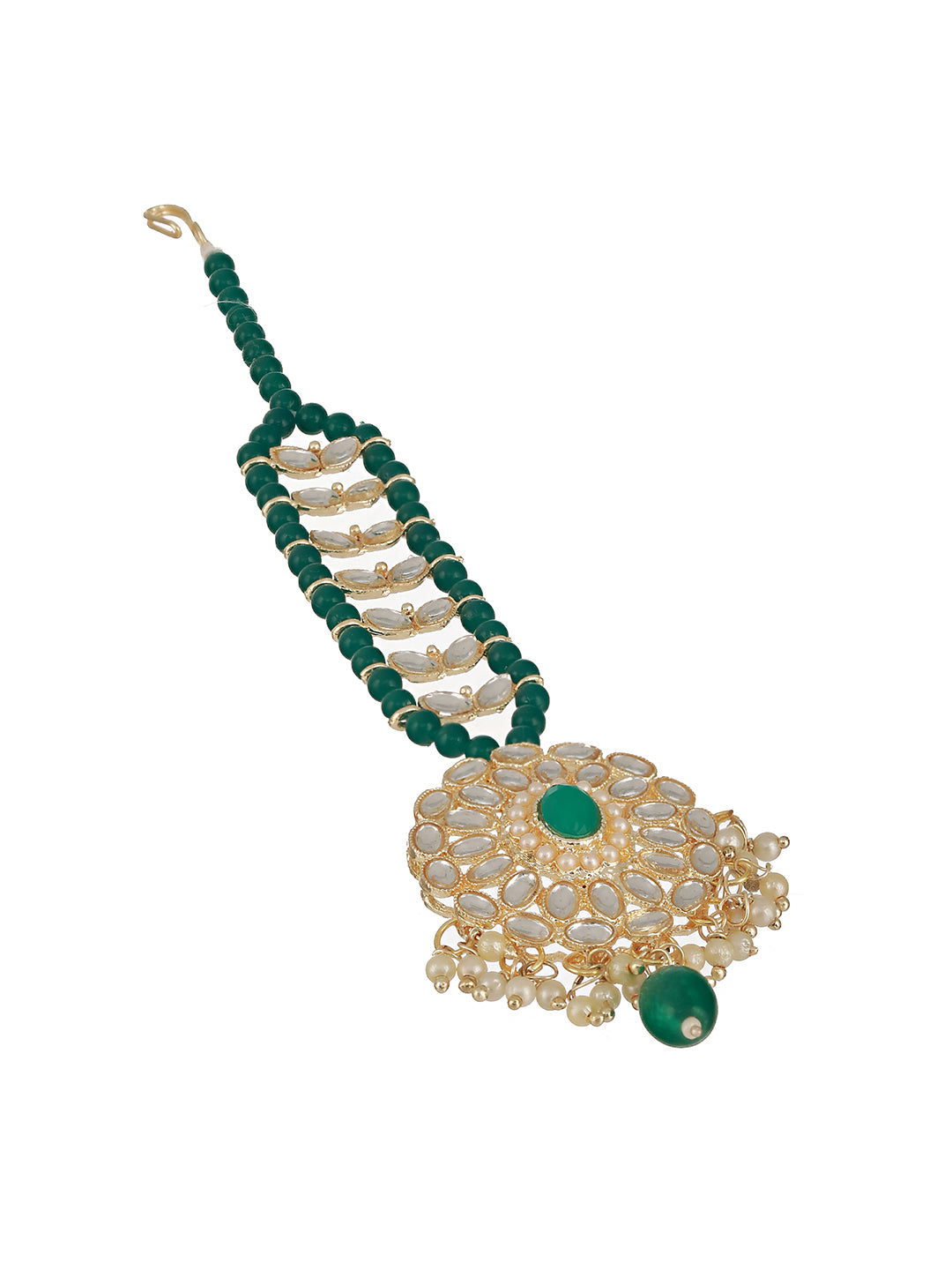 Gold-Plated Green & White Kundan Studded & Pearl Beaded Maang Tikka - Jazzandsizzle