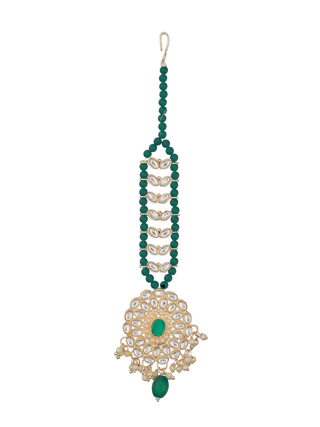 Gold-Plated Green & White Kundan Studded & Pearl Beaded Maang Tikka - Jazzandsizzle