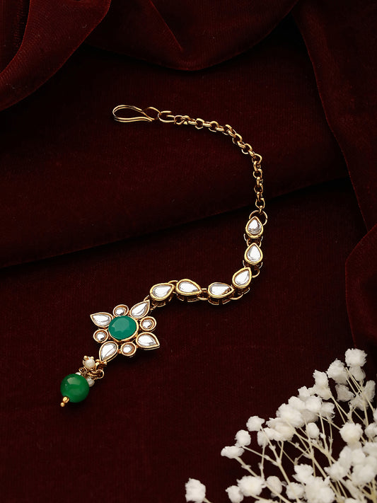 Gold-Plated Green & White Kundan and Pearl Maang Tika - Jazzandsizzle