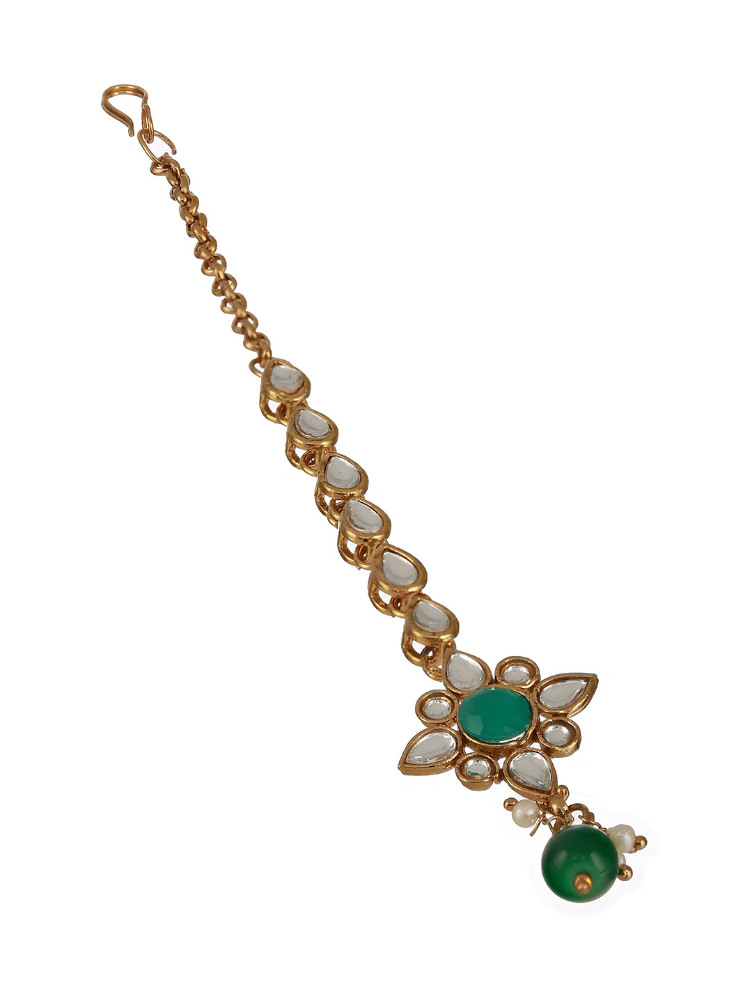 Gold-Plated Green & White Kundan and Pearl Maang Tika - Jazzandsizzle