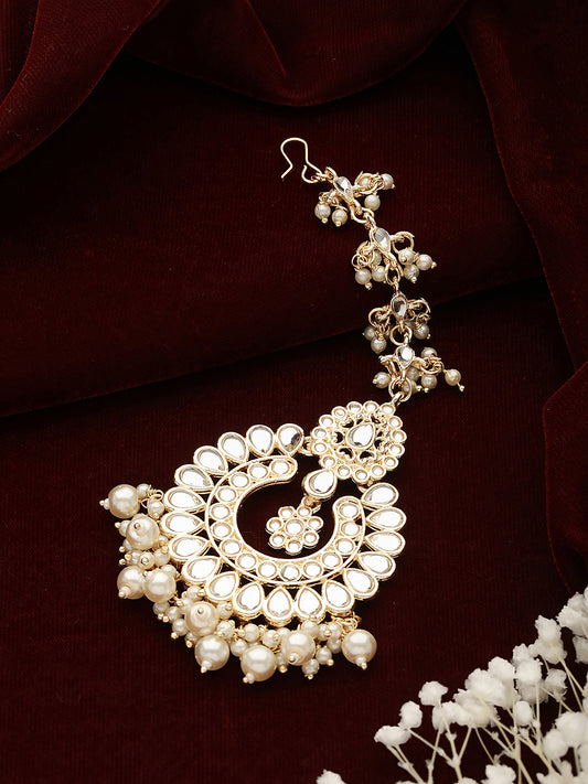 Gold-Plated White Kundan Studded & Pearl Drop Maangtikka - Jazzandsizzle