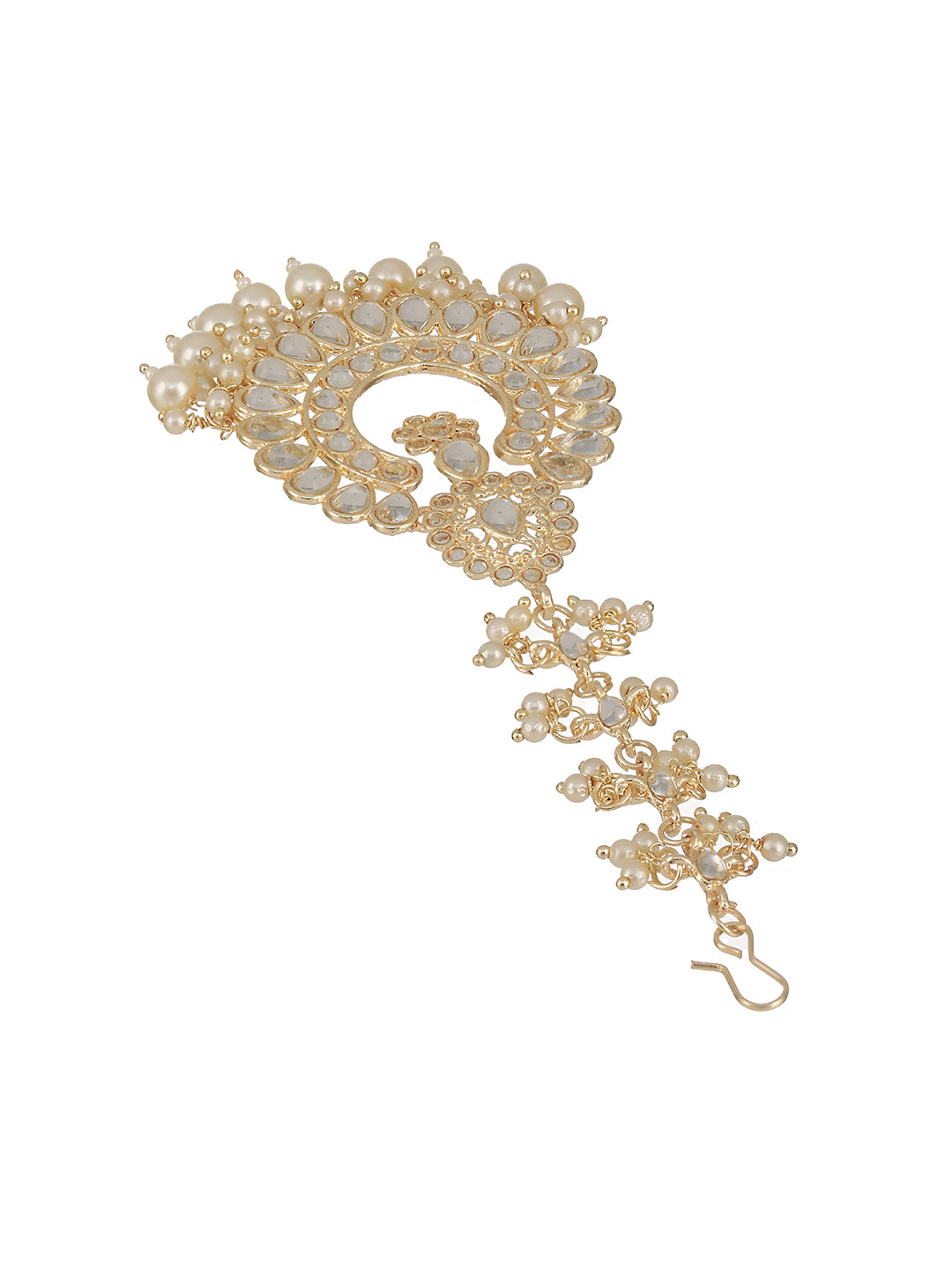 Gold-Plated White Kundan Studded & Pearl Drop Maangtikka - Jazzandsizzle