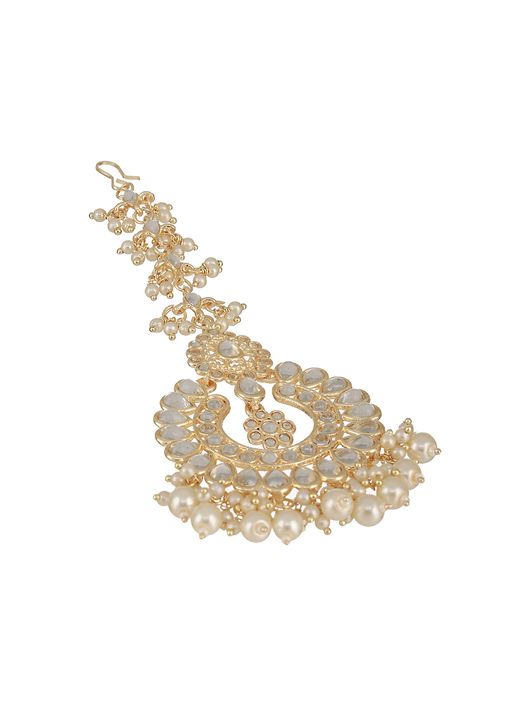 Gold-Plated White Kundan Studded & Pearl Drop Maangtikka - Jazzandsizzle