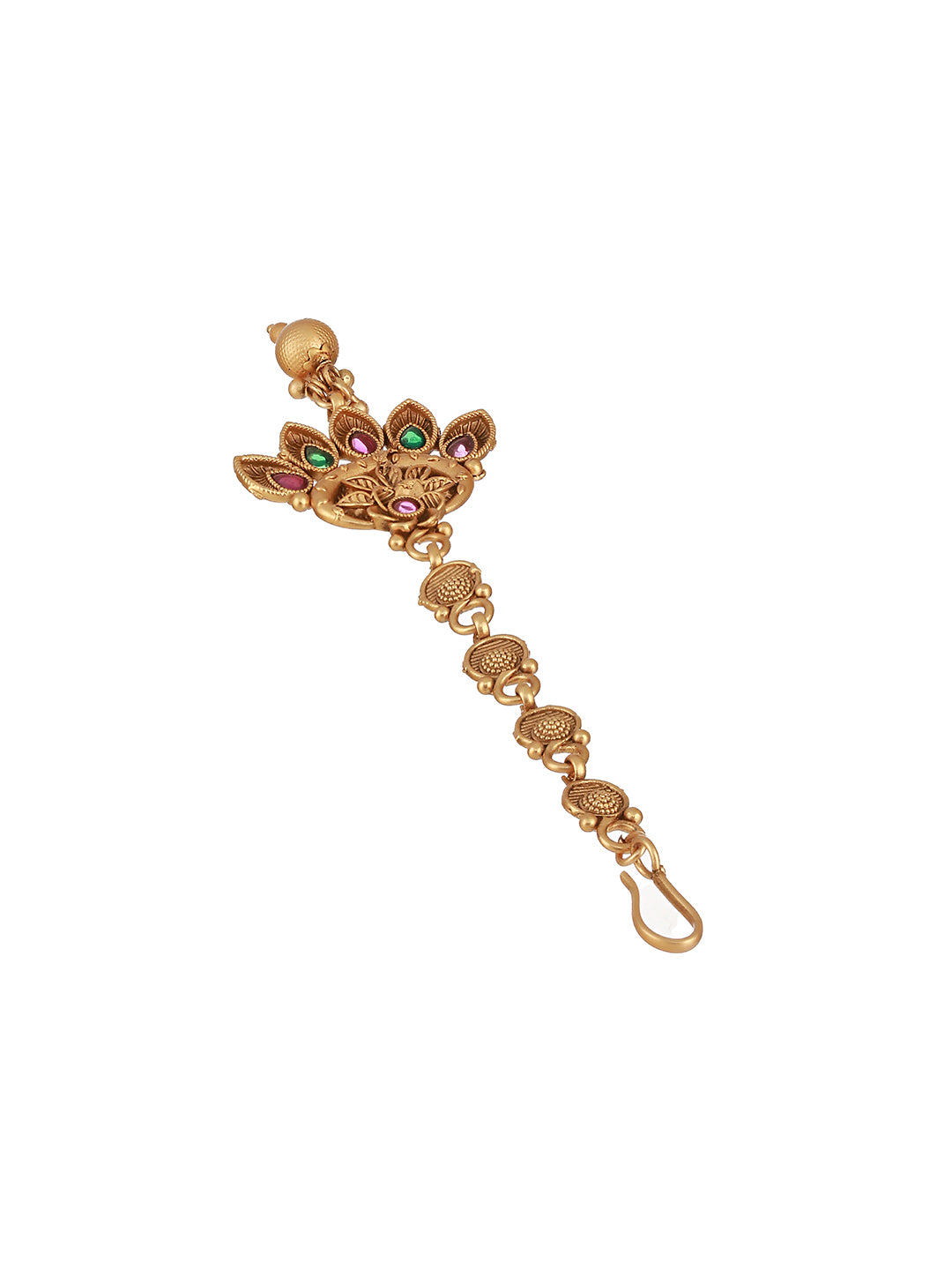 Gold-Plated Pink & Green Stone Studded Handcrafted Temple Maang Tikka - Jazzandsizzle