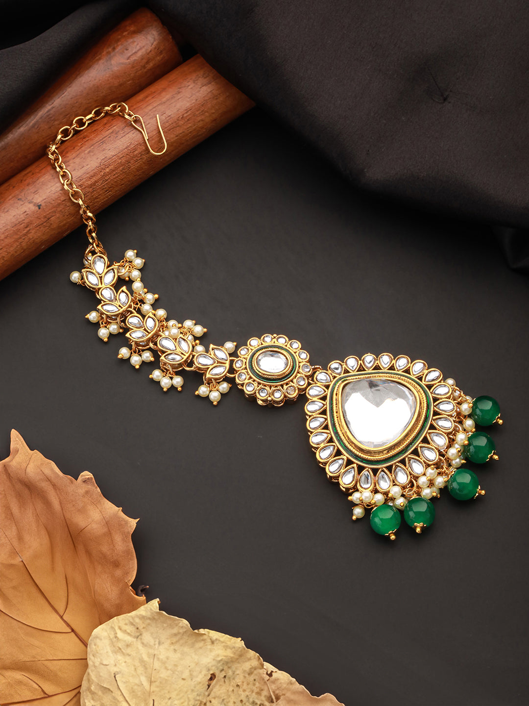 Jazz And Sizzle Gold-Plated White & Green Kundan-Studded & Beaded Maangtikka - Jazzandsizzle