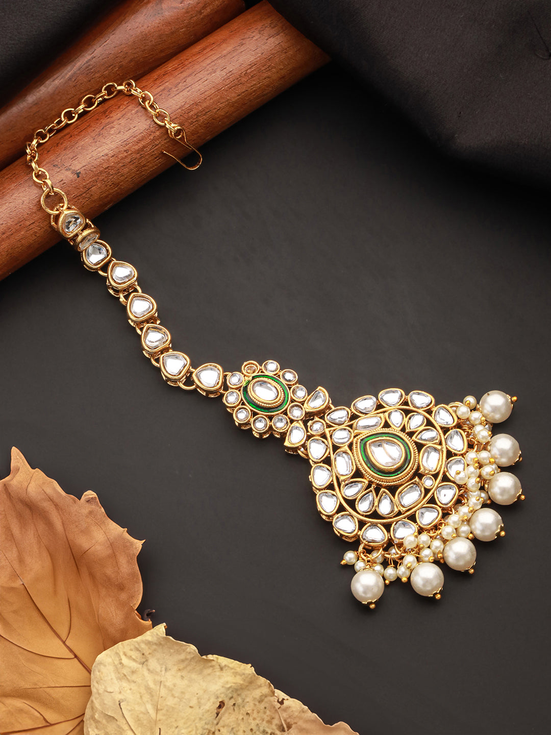 Jazz And Sizzle Gold-Plated & White Kundan-Studded Beaded Green Meenakari Handcrafted Maang Tikka - Jazzandsizzle