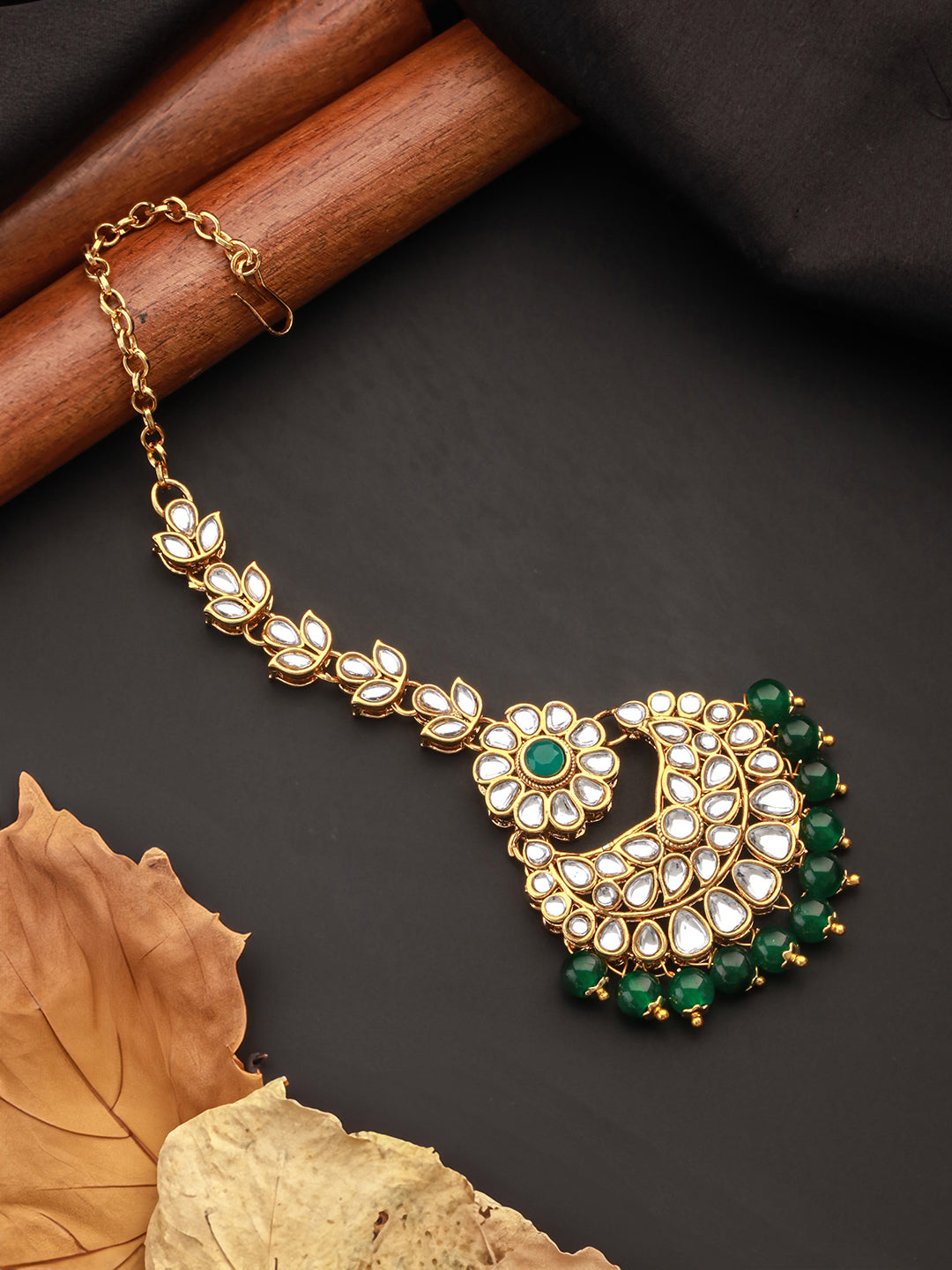 Jazz And Sizzle Gold-Plated Green Kundan-Studded & Pearl Beaded Handcrafted Maang Tikka - Jazzandsizzle