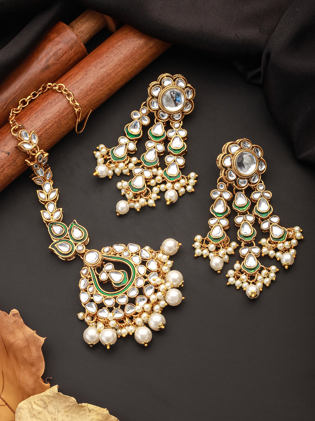 Jazz And Sizzle Gold-Toned & Kundan & Pearl Studded Green Enameled Maang-Tikka with Earring Set - Jazzandsizzle