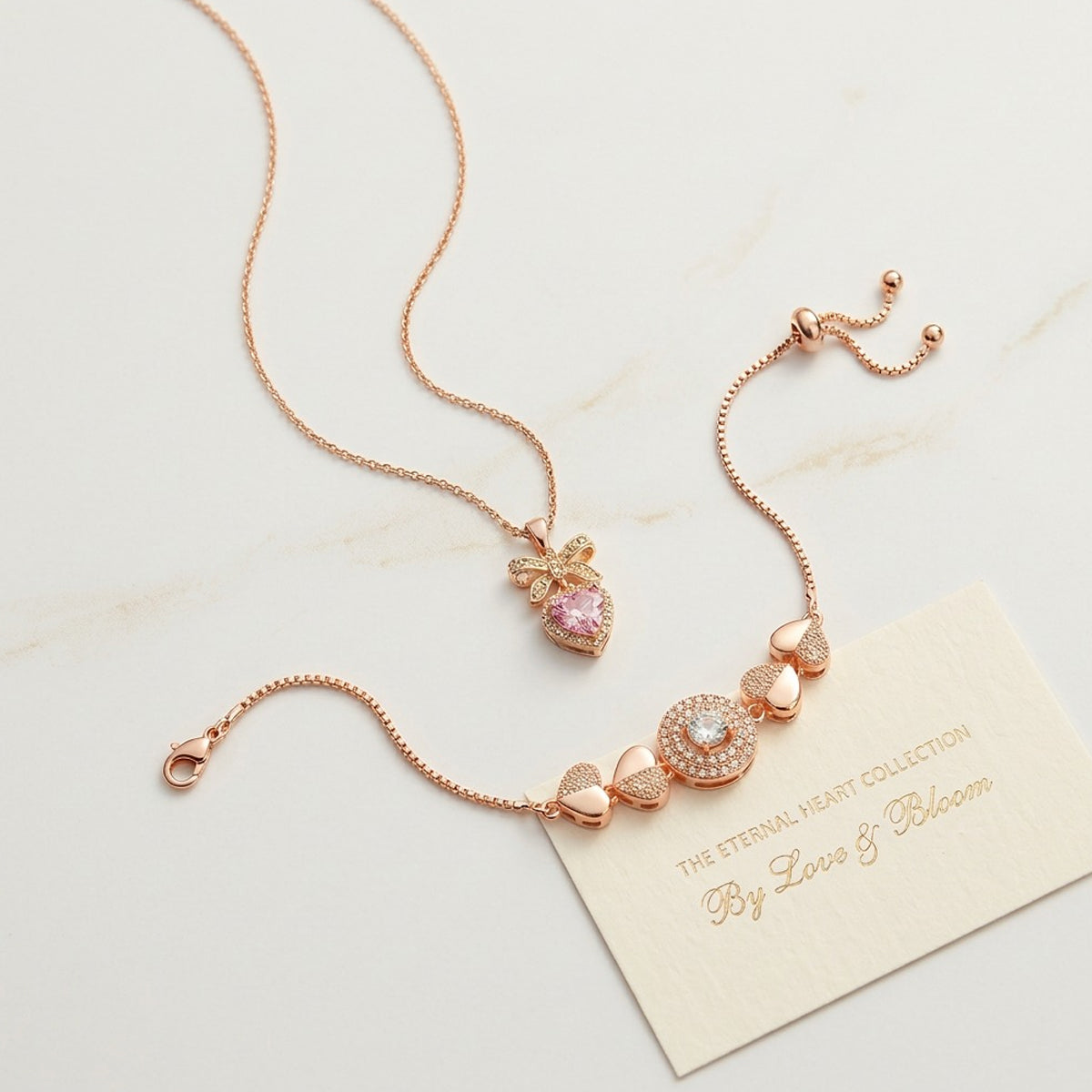 Jazz & Sizzle Rose Gold Bow Heart Pendant Necklace with Pink Crystal