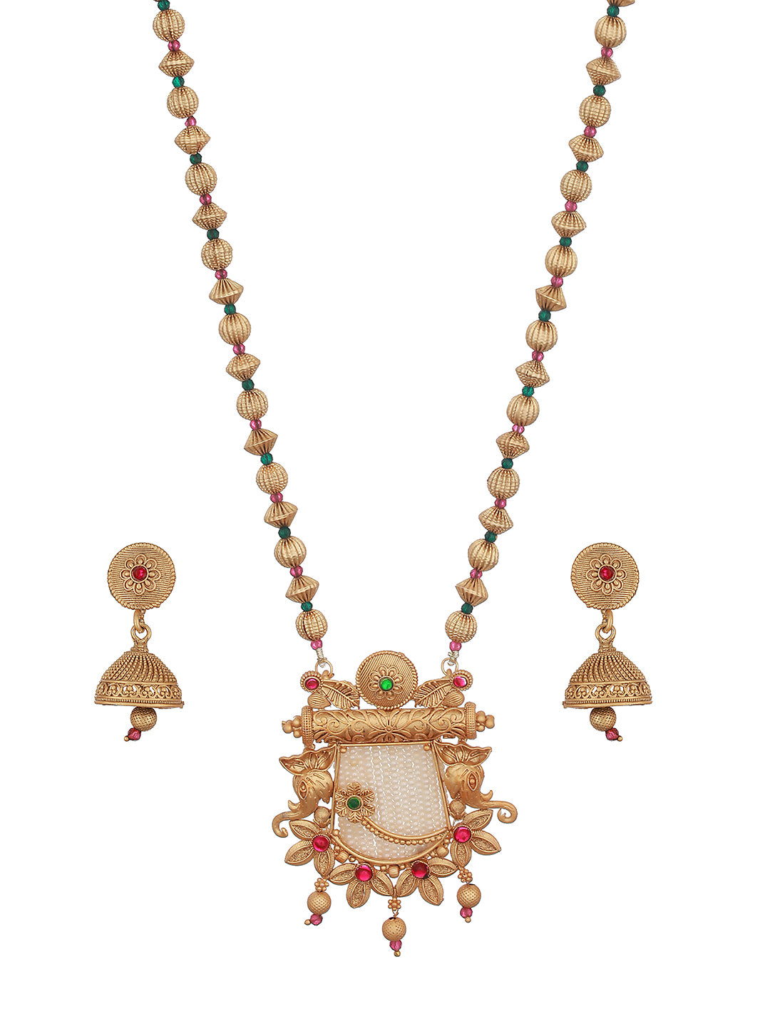24K Gold-Plated & Red Stone Studded & Pearl Beaded Handcrafted Traditional Necklace Set - Jazzandsizzle