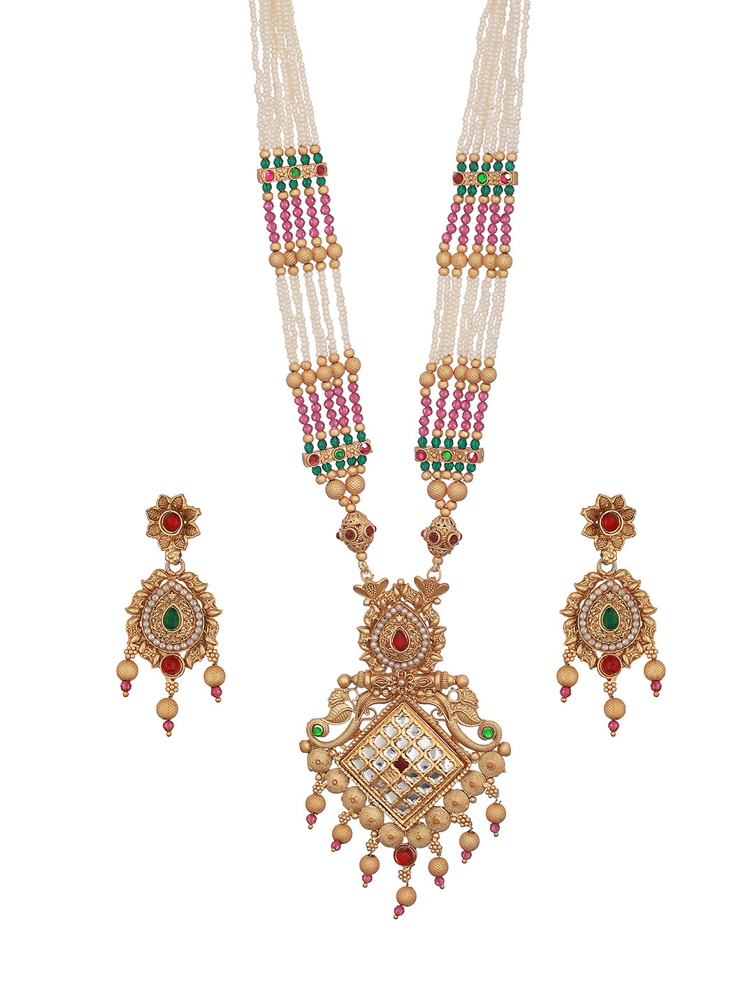 24K Gold-Plated White & Purple Beaded Handcrafted Traditional Necklace Set