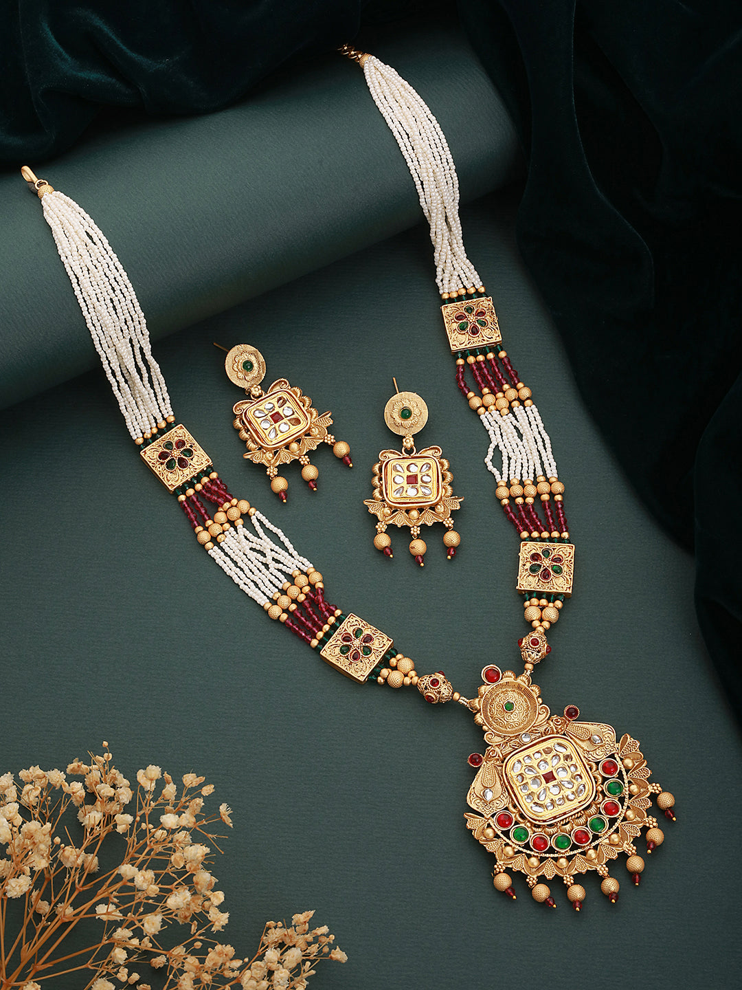 24K Gold-Plated Red & Greed Stone Studded Beaded Handcrafted Traditional Necklace Set - Jazzandsizzle