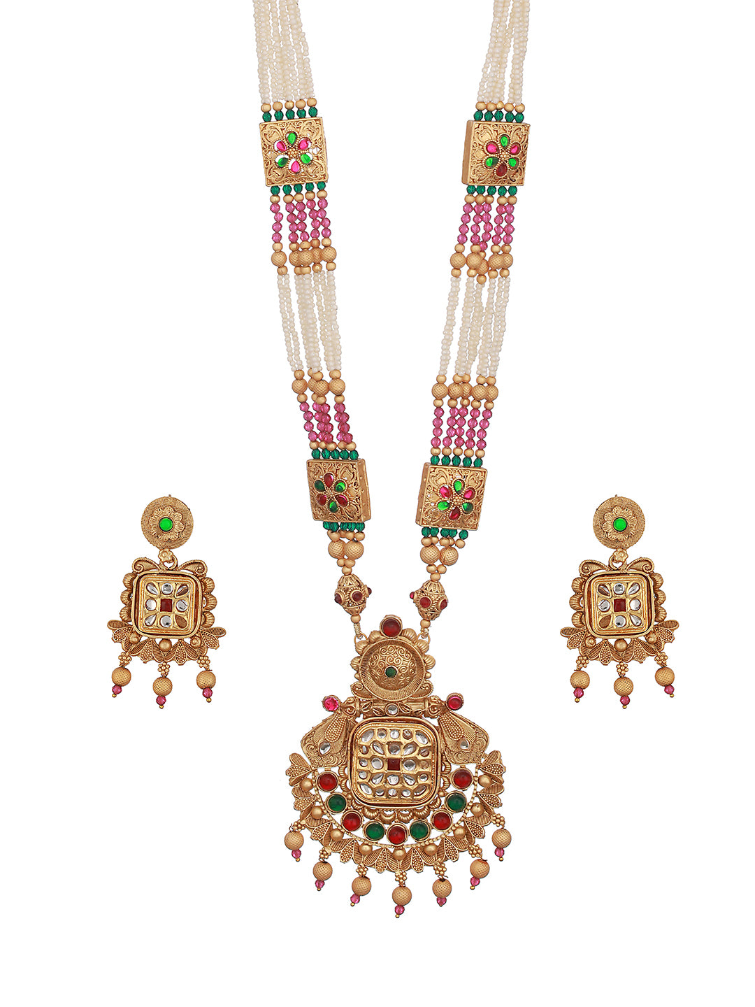 24K Gold-Plated Red & Greed Stone Studded Beaded Handcrafted Traditional Necklace Set - Jazzandsizzle