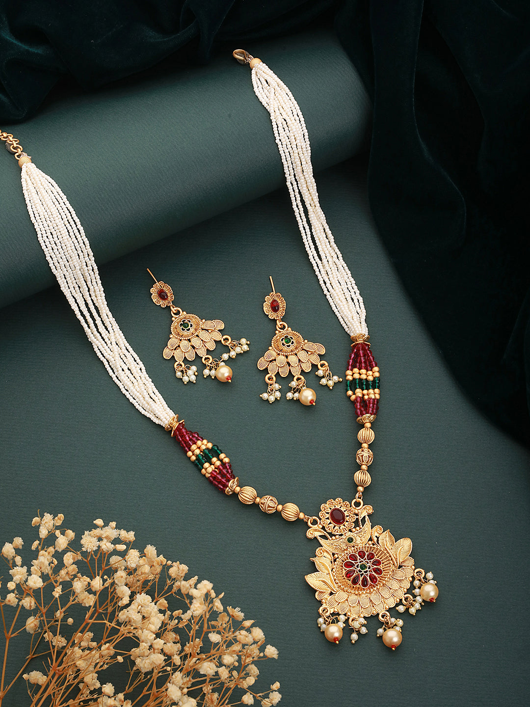 24K Gold-Plated Red Stone Studded & Purple Beaded Handcrafted Traditional Necklace Set - Jazzandsizzle