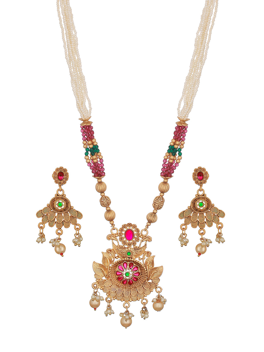 24K Gold-Plated Red Stone Studded & Purple Beaded Handcrafted Traditional Necklace Set - Jazzandsizzle