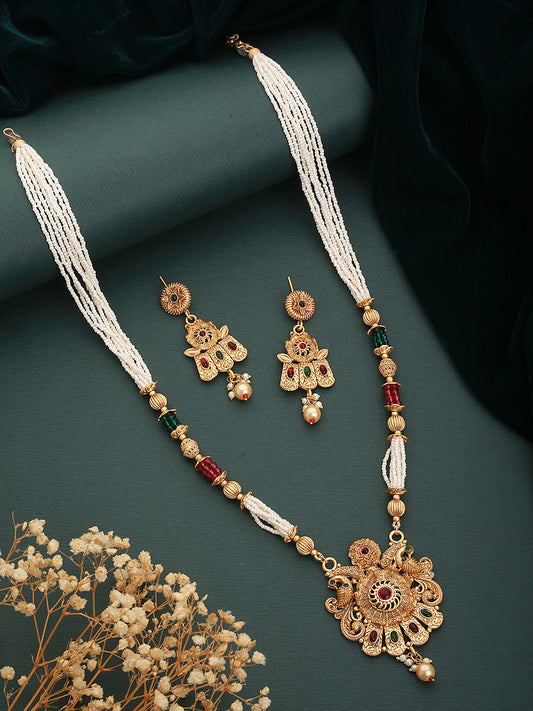 24K Gold-Plated Red & Greed Stone Studded Beaded Handcrafted Traditional Necklace Set - Jazzandsizzle