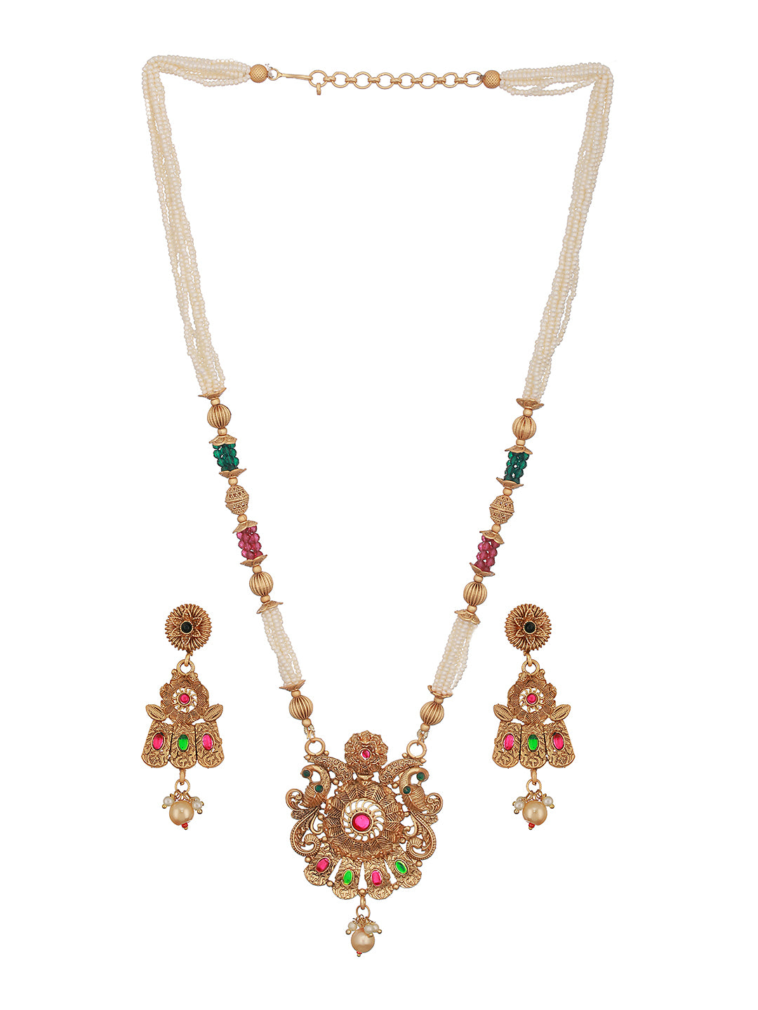 24K Gold-Plated Red & Greed Stone Studded Beaded Handcrafted Traditional Necklace Set - Jazzandsizzle