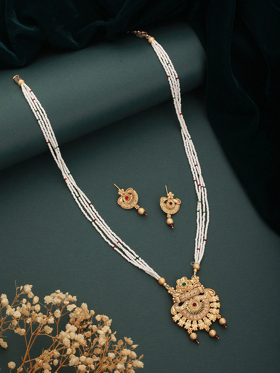 Gold-Plated Red Stone Studded & White Pearl Beaded Traditional Jewellery Set - Jazzandsizzle