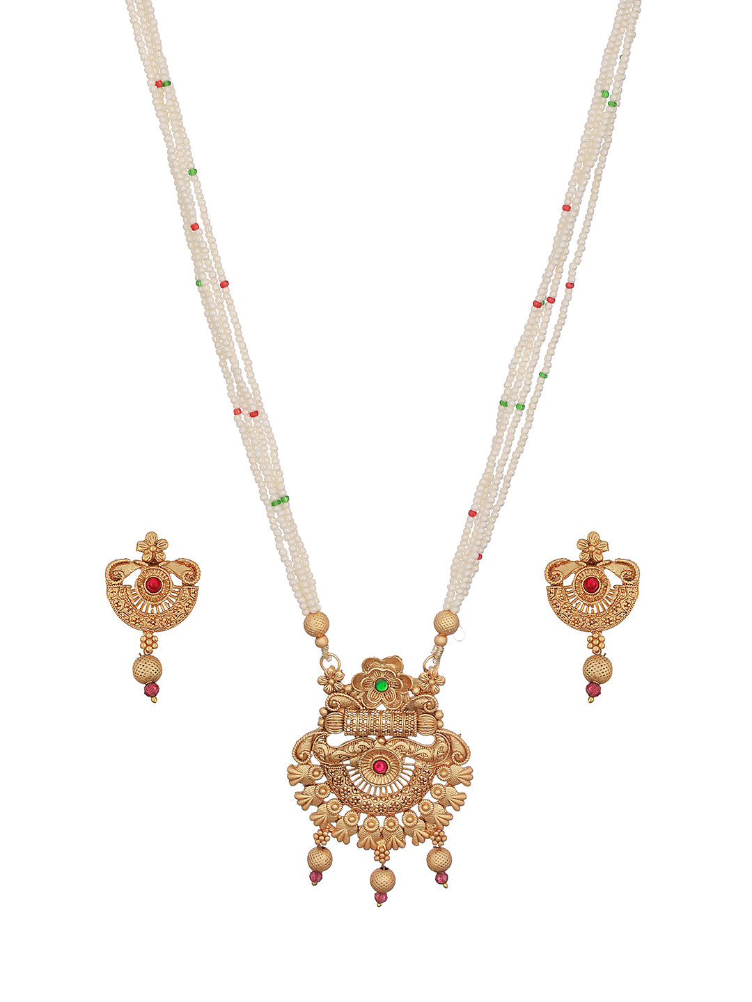 Gold-Plated Red Stone Studded & White Pearl Beaded Traditional Jewellery Set - Jazzandsizzle